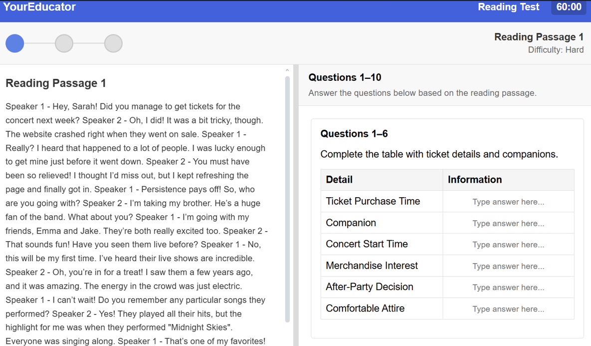 Reading & Listening Module Interface
